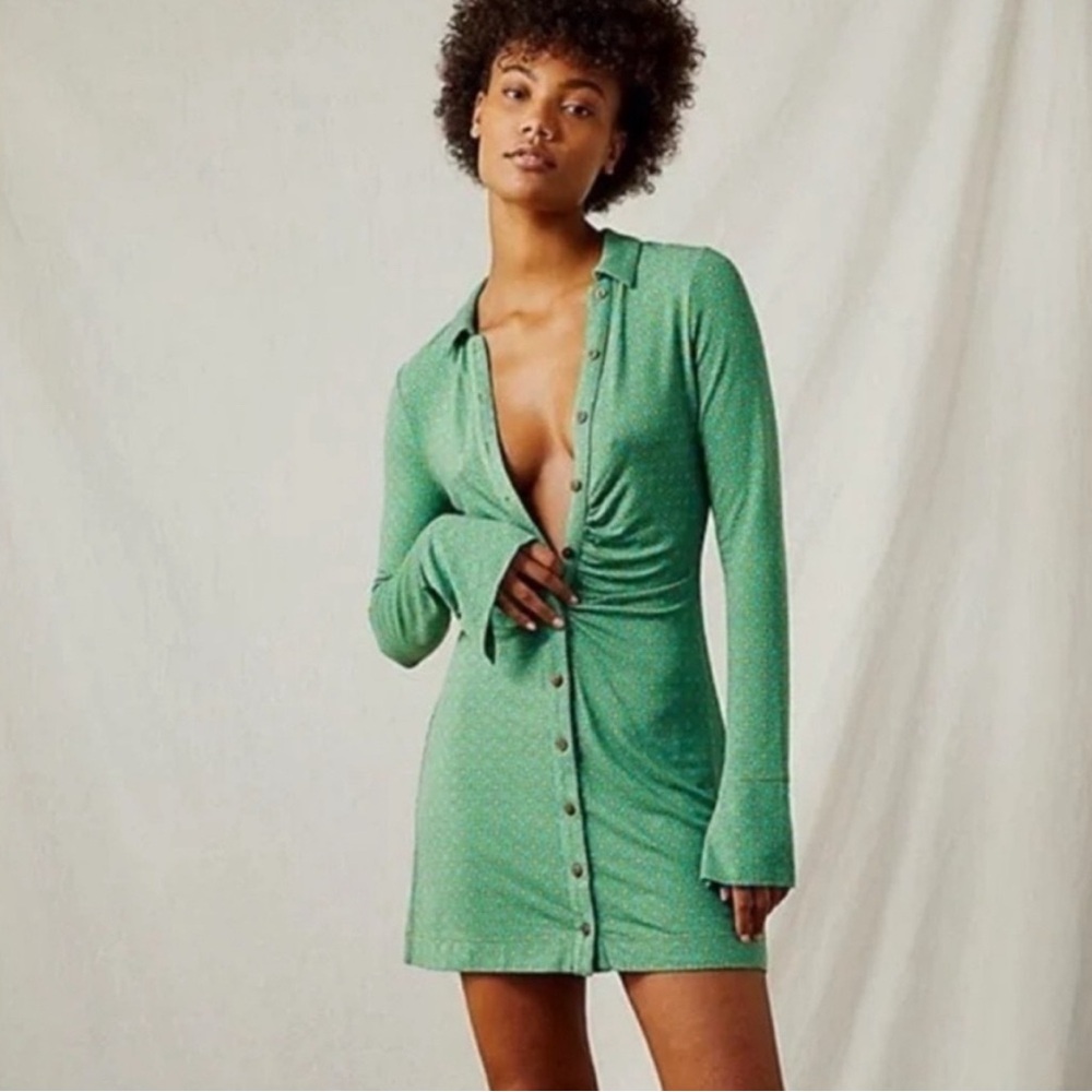 Free People Green Button-Front Mini Dress - Picture 2 of 3